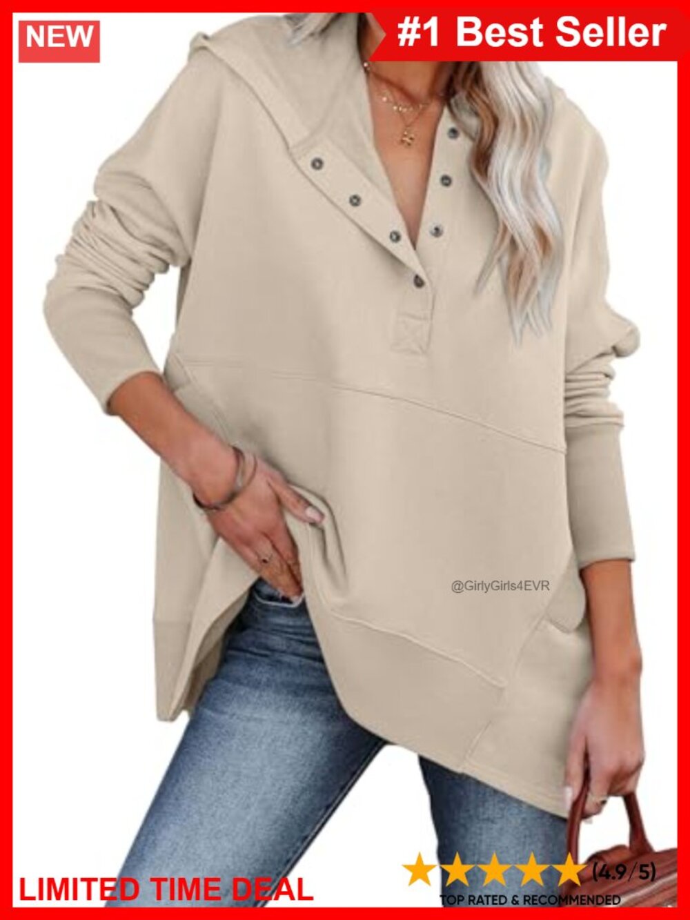 Oversized Hoodie Women V Neck Button Down Pullover Sweatshirt Ribbed Hem